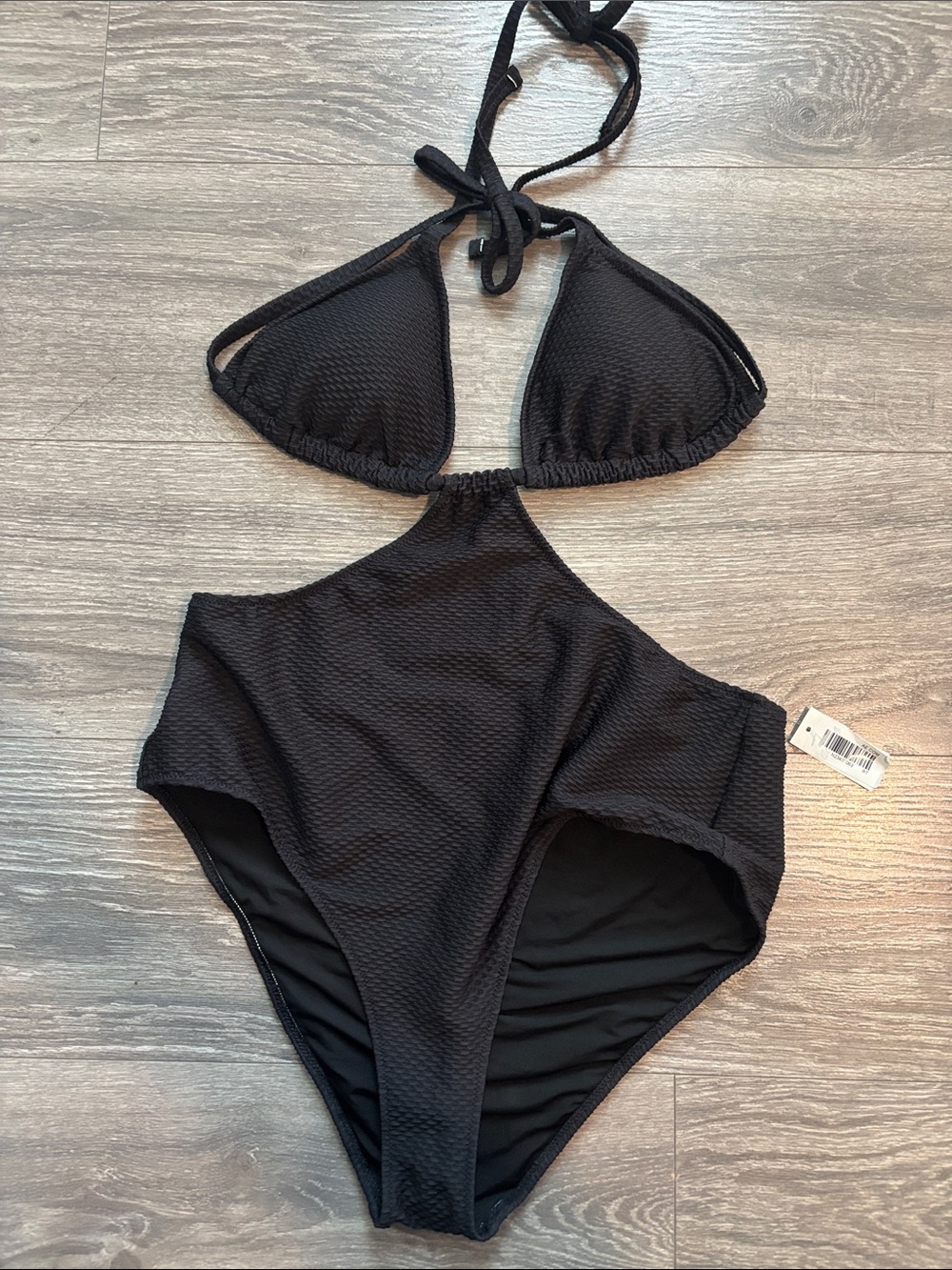Aerie Black Textured Cutout Monokini One Piece Swimsuit cheeky bottom  NWT Large